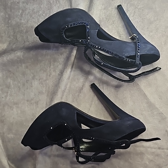 Fendi Dark Navy Crystal Blue Rhinestones Suede Leather Buckle Strappy Open Toe - Picture 8 of 9